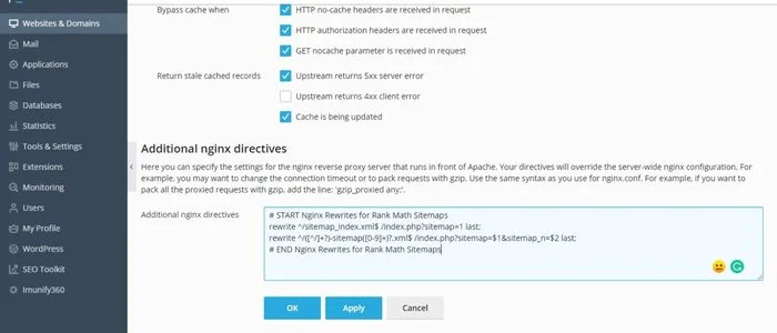 Nginx Rewrite rules for Rank Math Sitemap in Plesk