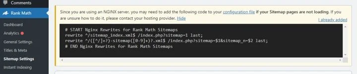 Nginx Rewrite rules for Rank Math Sitemap in Plesk
