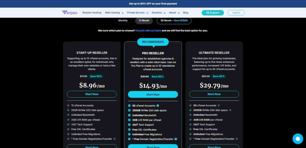 Verpex Reseller Hosting Pricing Plans