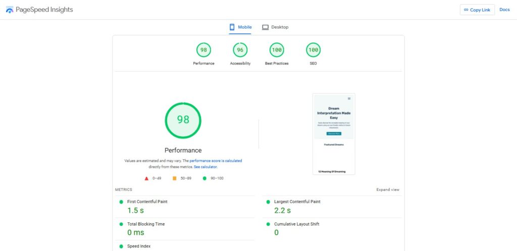 WP Rocket speed test results for mobile device