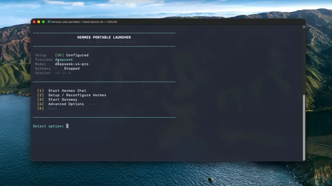 Windows desktop preparing a connected USB drive for a portable Hermes AI agent