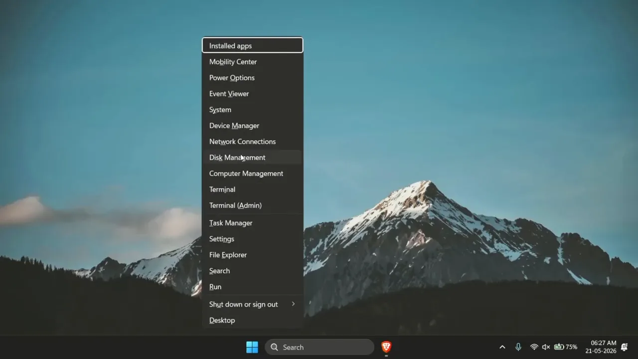 Windows disk tools used while preparing a USB drive for Hermes Agent
