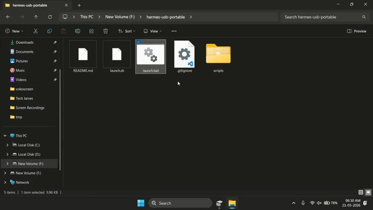 Portable Hermes Agent files stored in a folder on a Windows USB drive