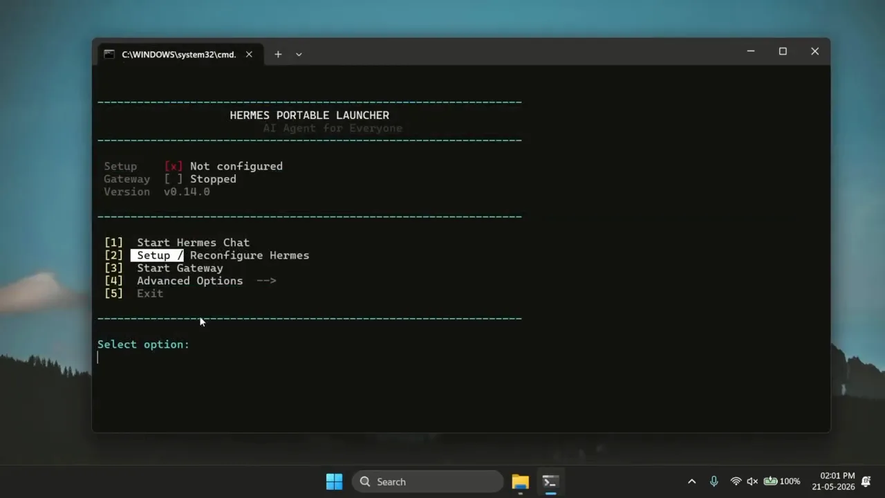 Hermes Portable Launcher menu running in Windows PowerShell