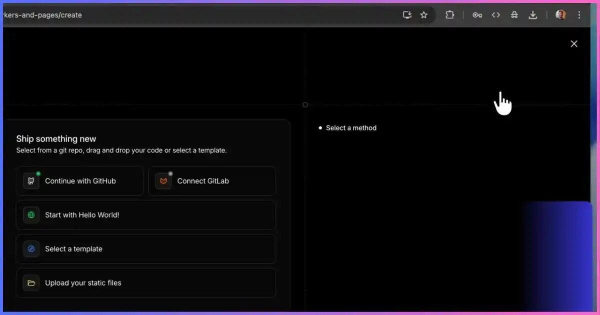 Cloudflare create Worker screen with methods including templates and Git integration