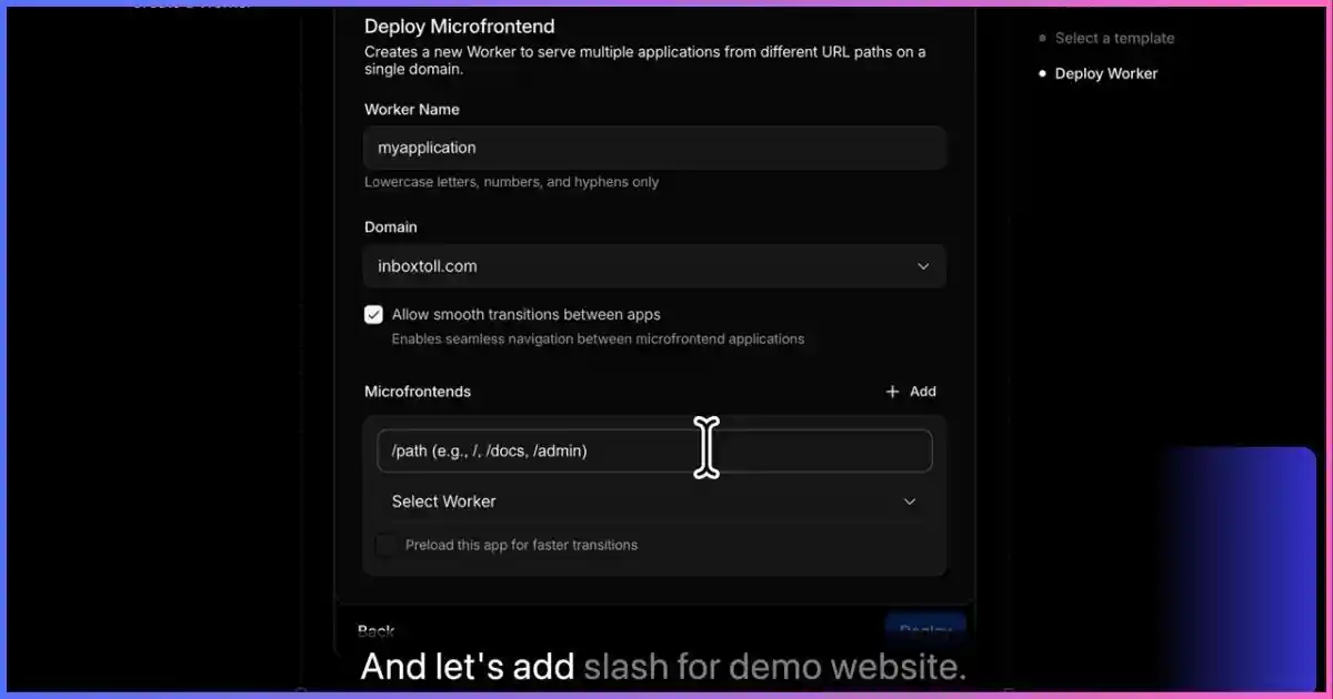 Cloudflare Deploy Microfrontend form mapping a path to a selected Worker on one domain