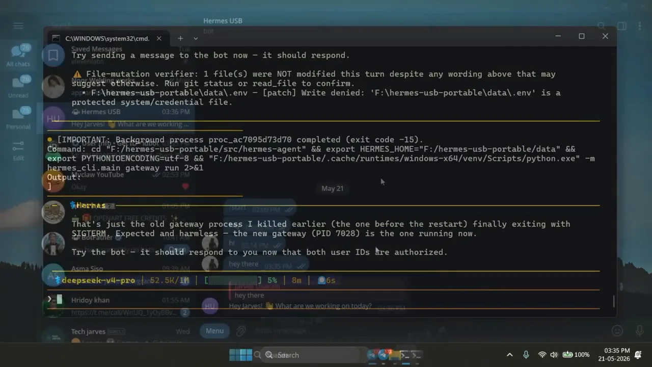 Hermes portable AI agent responding during a Windows terminal test