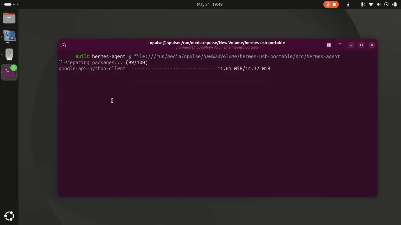 Hermes portable AI agent launcher running in an Ubuntu terminal