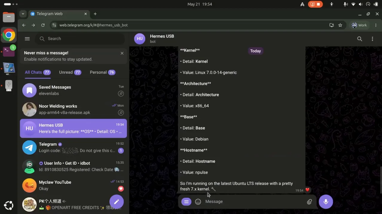 Telegram chat testing a portable Hermes USB AI agent