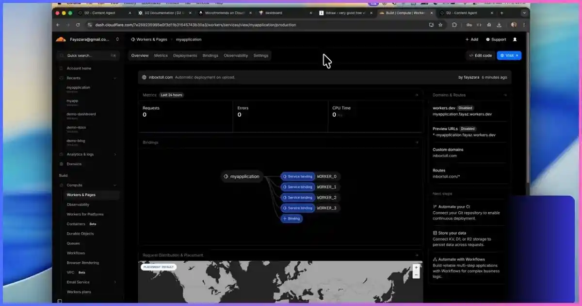 Cloudflare dashboard showing service binding connections between a router Worker and microfrontend Workers