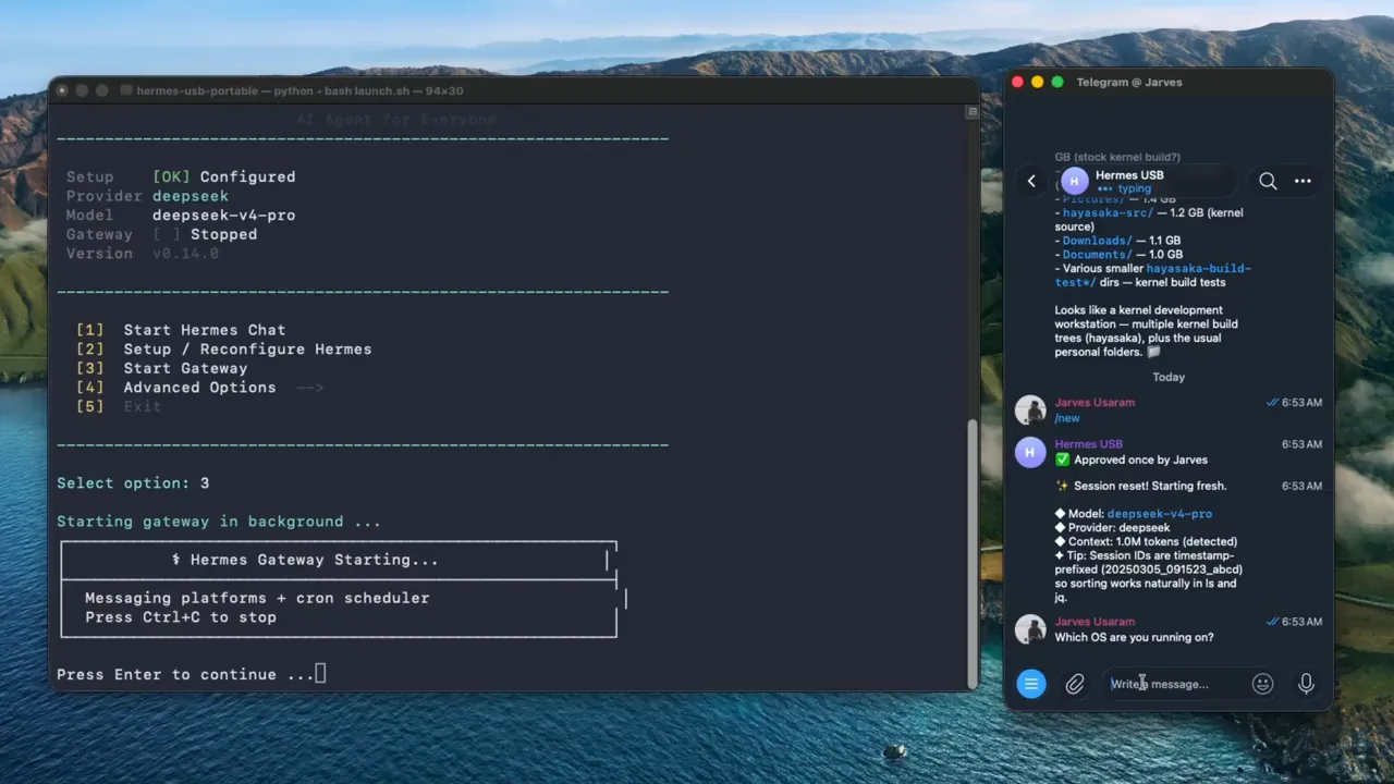 Portable Hermes Agent menu and Telegram test on macOS