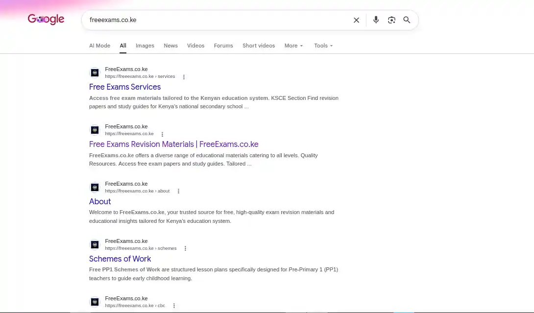 Current Google results for freeexams.co.ke showing clean education-related pages