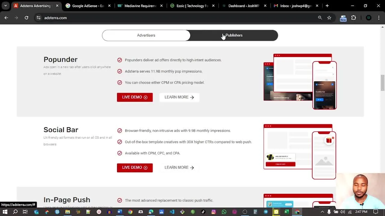 Adsterra ad formats overview including Popunder, Social Bar, and In-Page Push