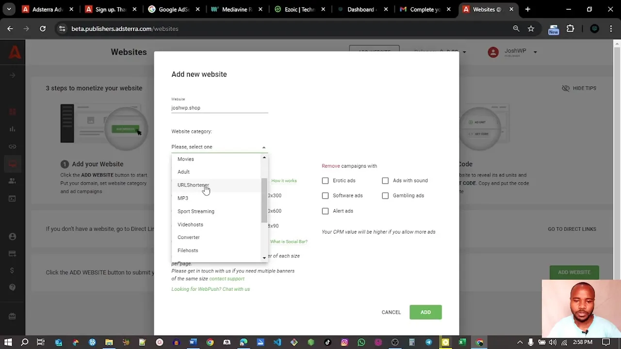 Adsterra add new website modal for publisher monetization