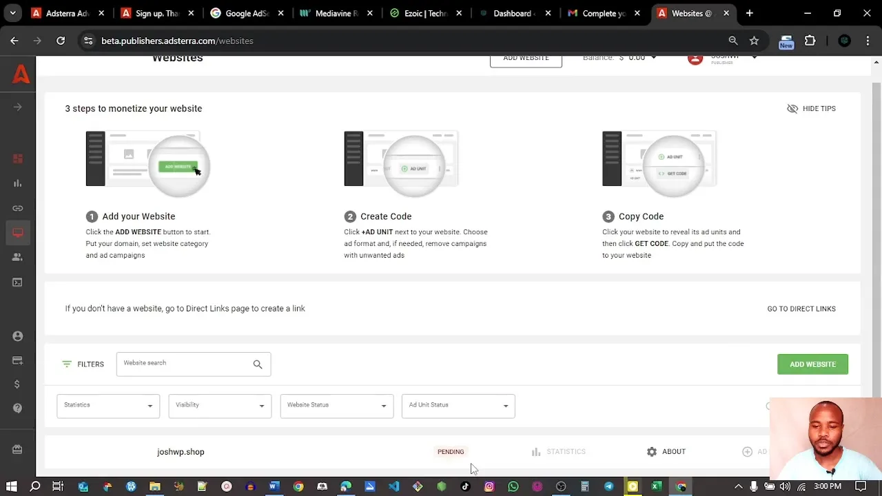 Adsterra publisher dashboard showing website monetization steps and ad units