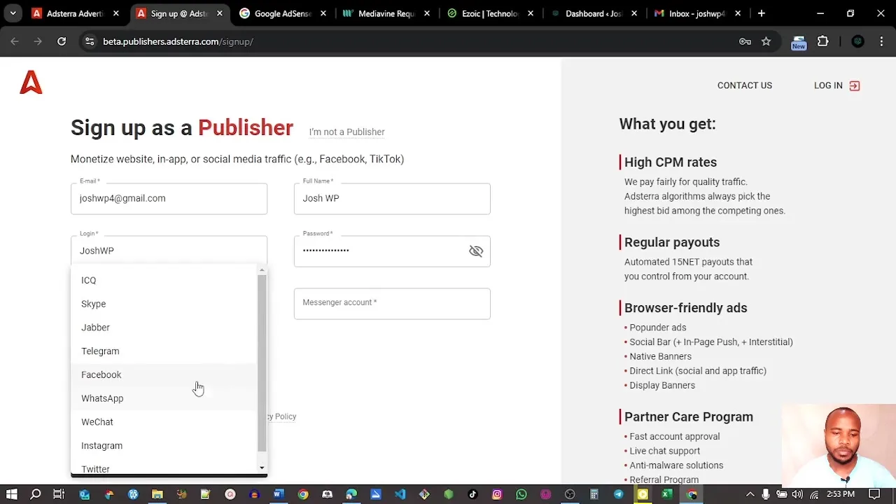 Adsterra sign up as a publisher page