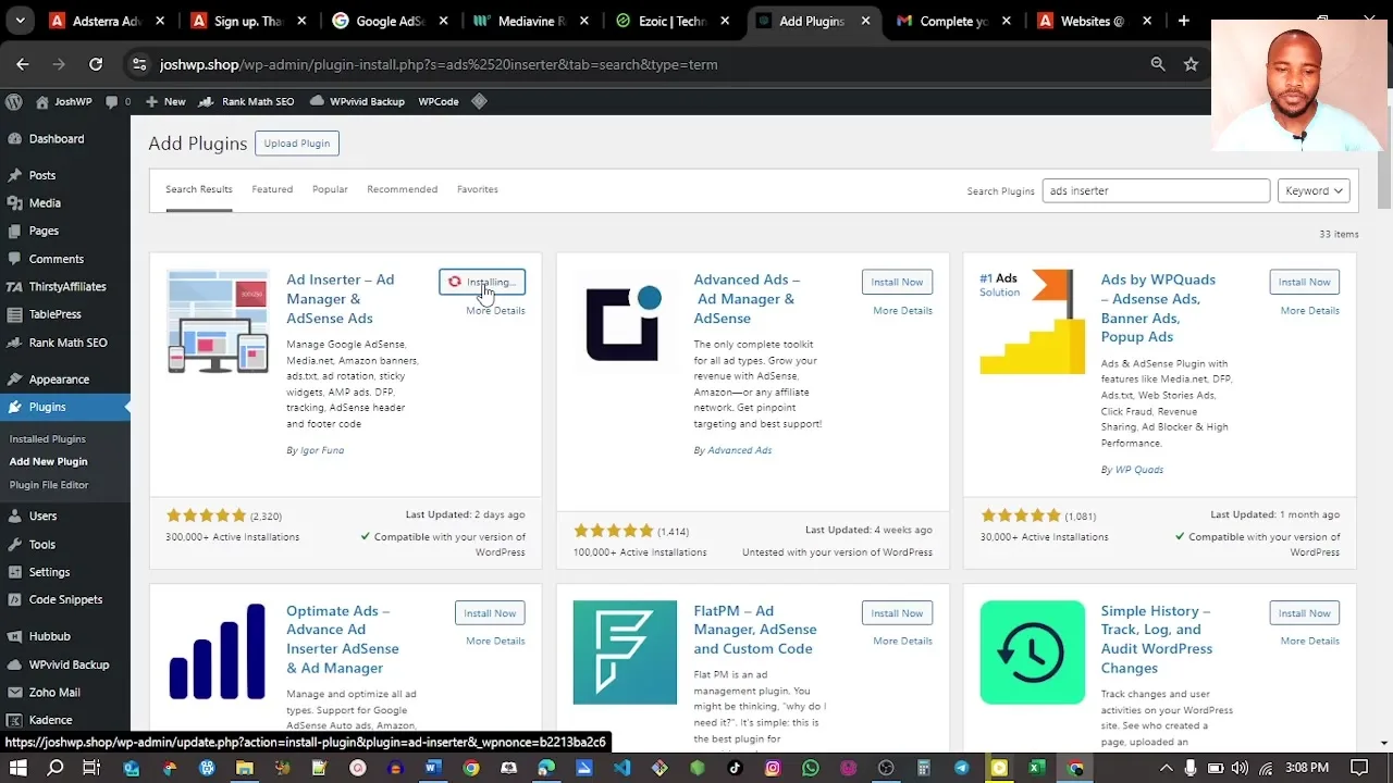 WordPress plugin search for ad insertion plugins to place Adsterra code