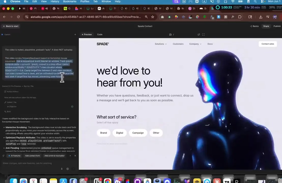 First AI-generated website preview with hero section and contact flow