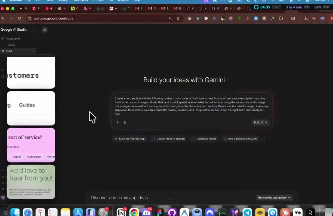 Prompting Google AI Studio to create a website with AI