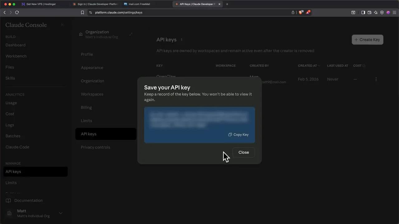Anthropic Console displaying a newly created API key for OpenClaw