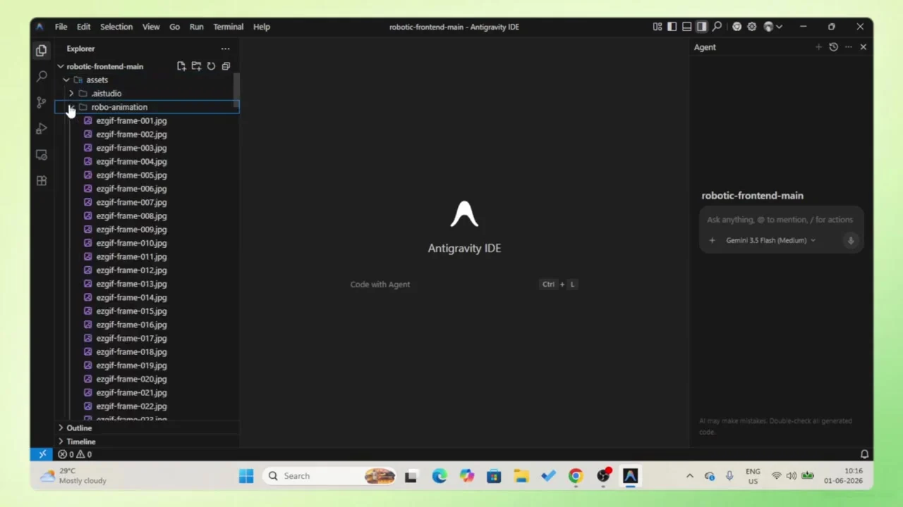 Gemini 3.5 Flash in Google Antigravity with robot animation frames