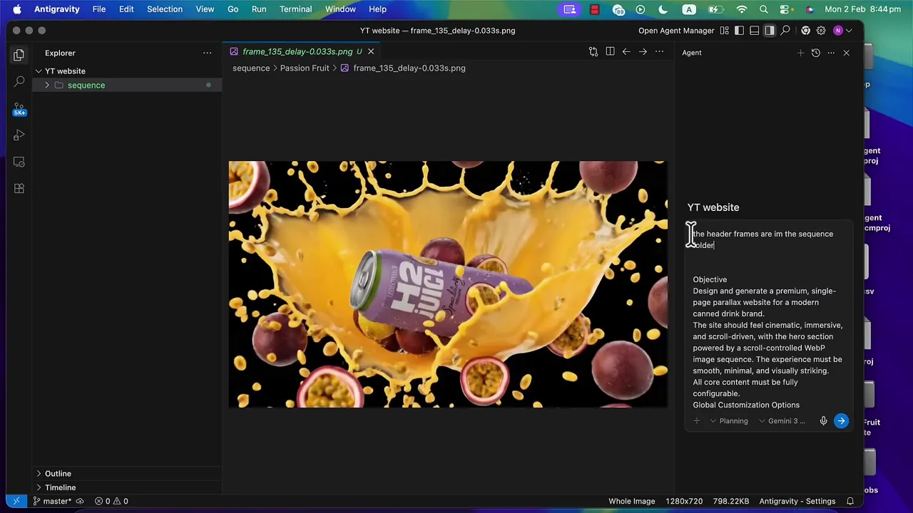 Google Antigravity reviewing product assets and instructions for an animated website