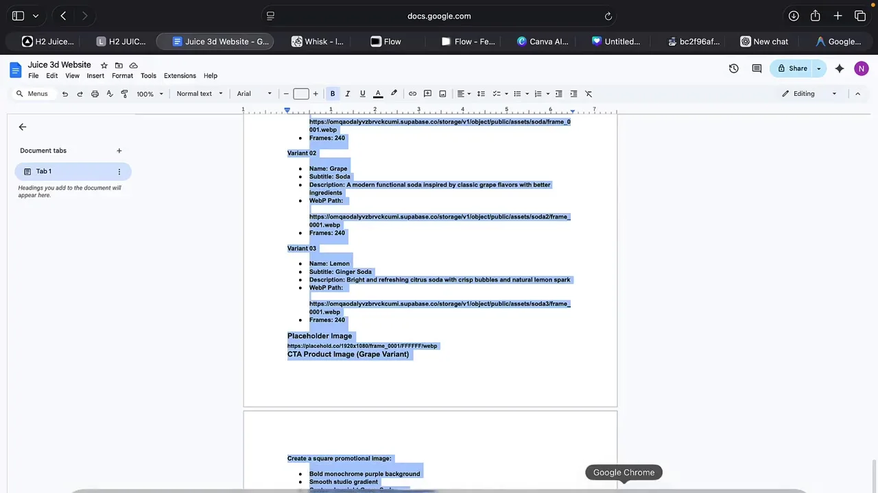 Detailed website brief with product variants and animation asset paths prepared for Google Antigravity