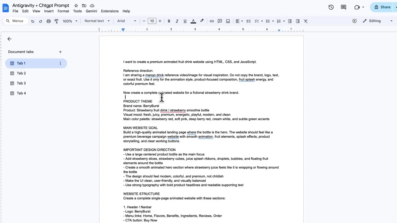 Detailed BerryBurst website prompt in Google Docs for Google Antigravity