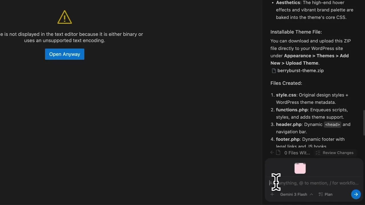 Google Antigravity reporting an installable BerryBurst WordPress theme ZIP and created files