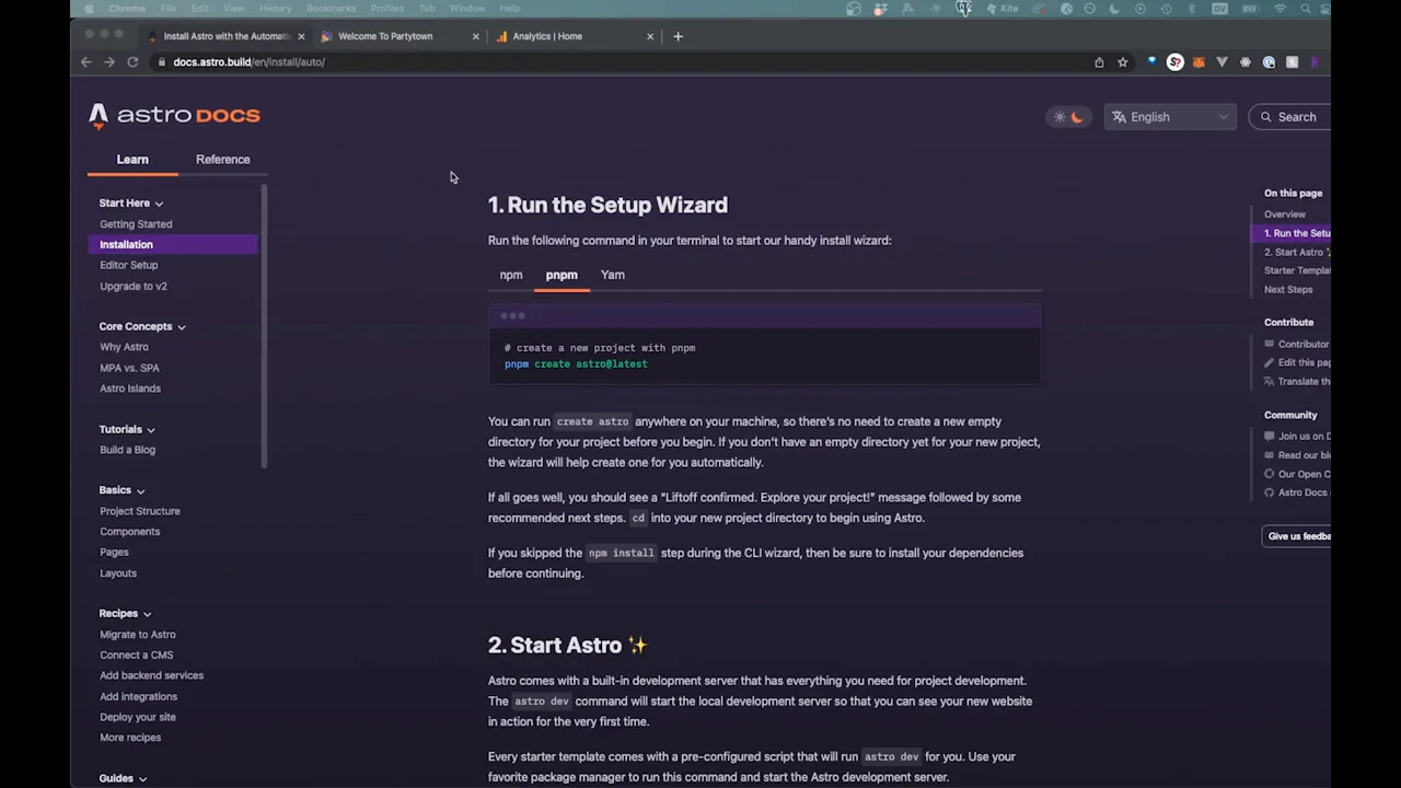 Astro documentation showing the setup wizard and Start Astro instructions