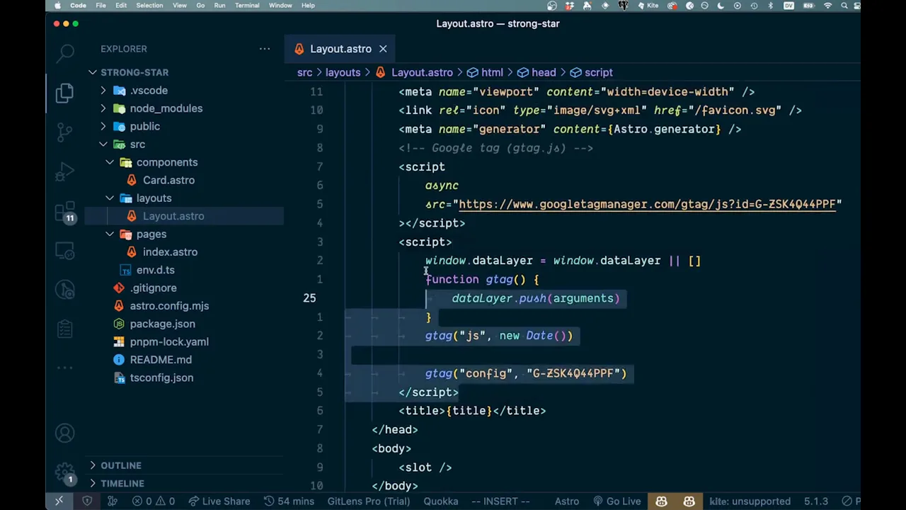 Google Analytics tag code inserted into an Astro layout in Visual Studio Code