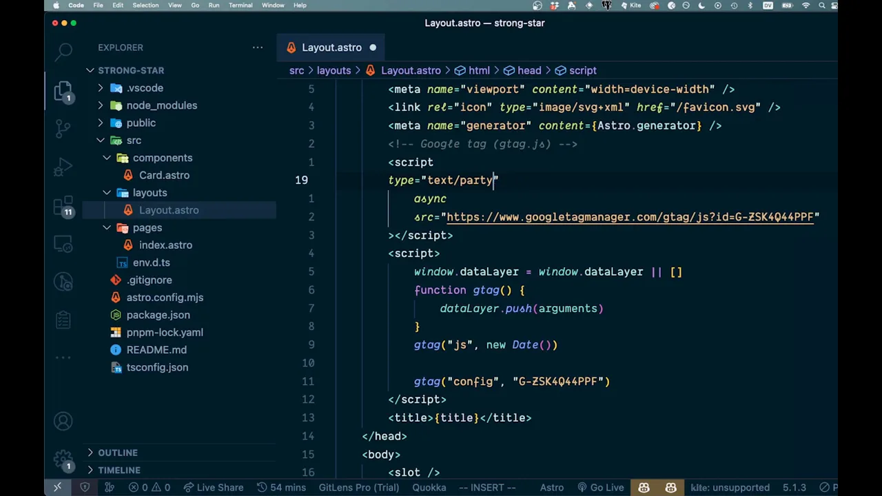 Visual Studio Code showing an Astro inline script note beside Google Analytics code