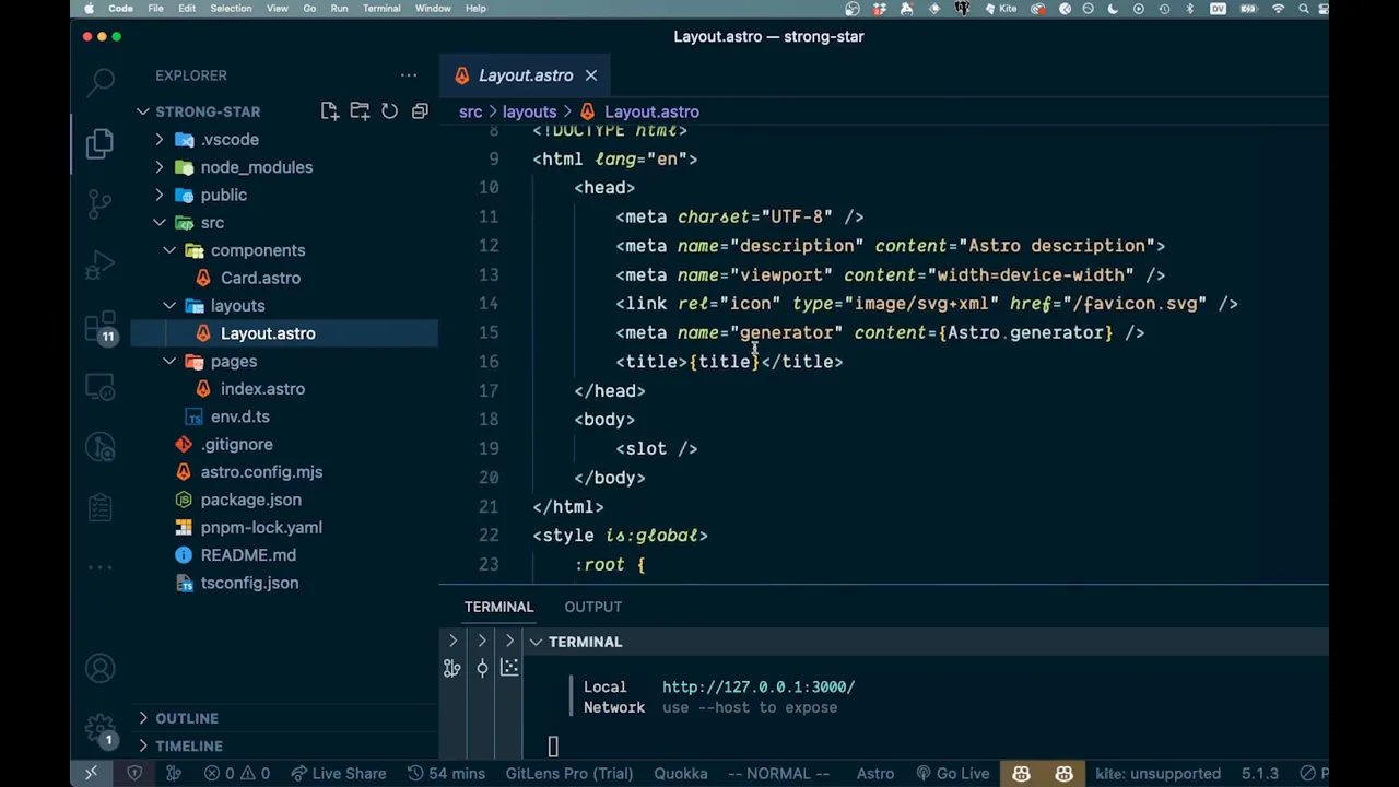 Shared Astro layout file open in Visual Studio Code with the head section visible