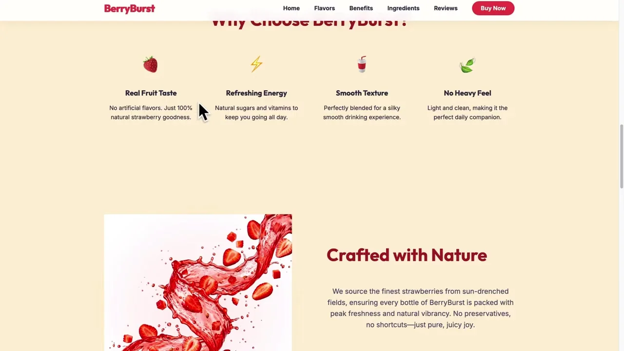 BerryBurst static website preview with benefits and crafted with nature sections
