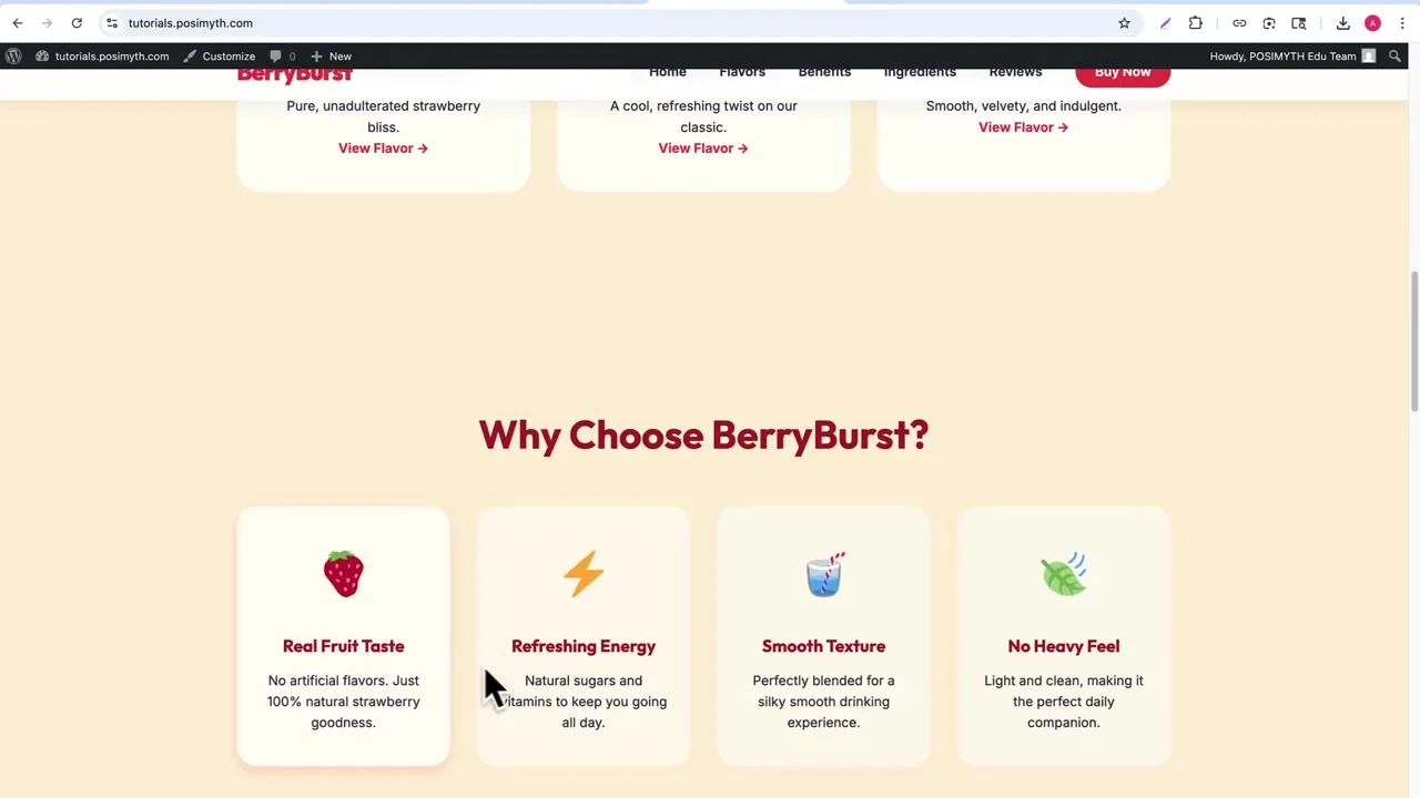 BerryBurst WordPress theme benefits cards displayed beneath the WordPress admin bar