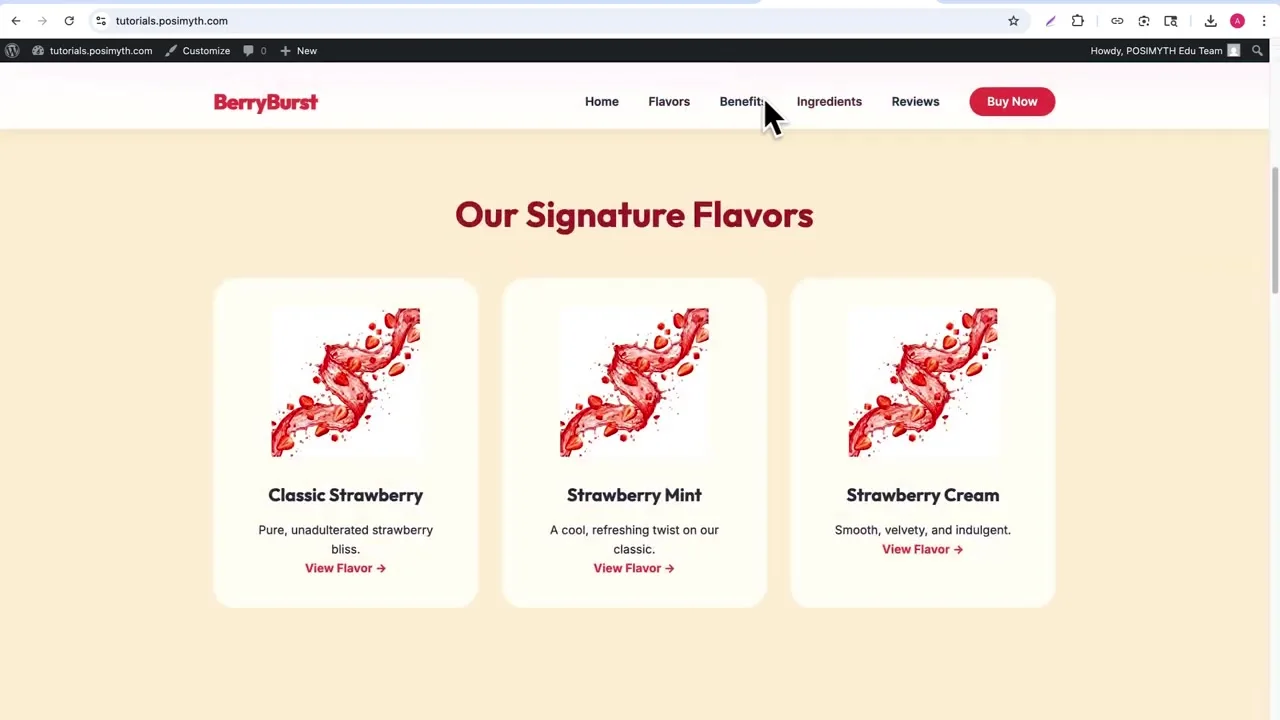 BerryBurst WordPress theme displaying three signature flavor cards