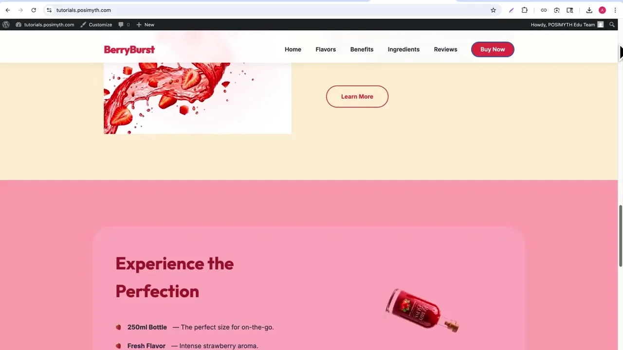 BerryBurst WordPress theme interactive product section with bottle and product details