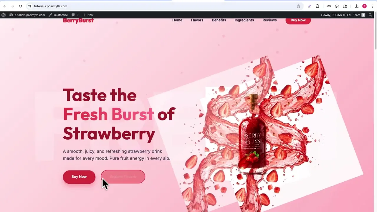 BerryBurst WordPress theme created with Google Antigravity showing a strawberry drink hero section