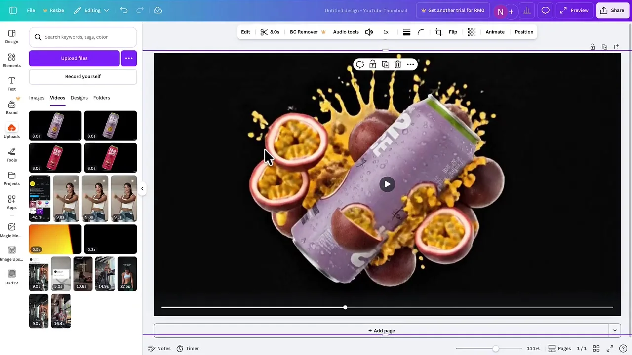 Composing a product and fruit splash hero image in Canva before building with Google Antigravity