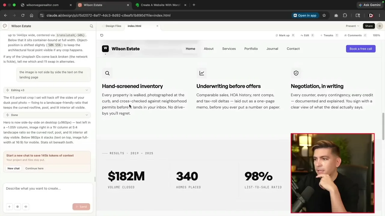Claude Design prototype showing service benefits and real estate performance statistics