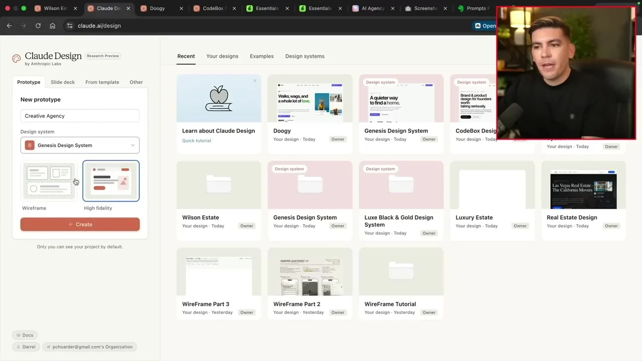 Claude Design dashboard showing recent website prototypes and design systems