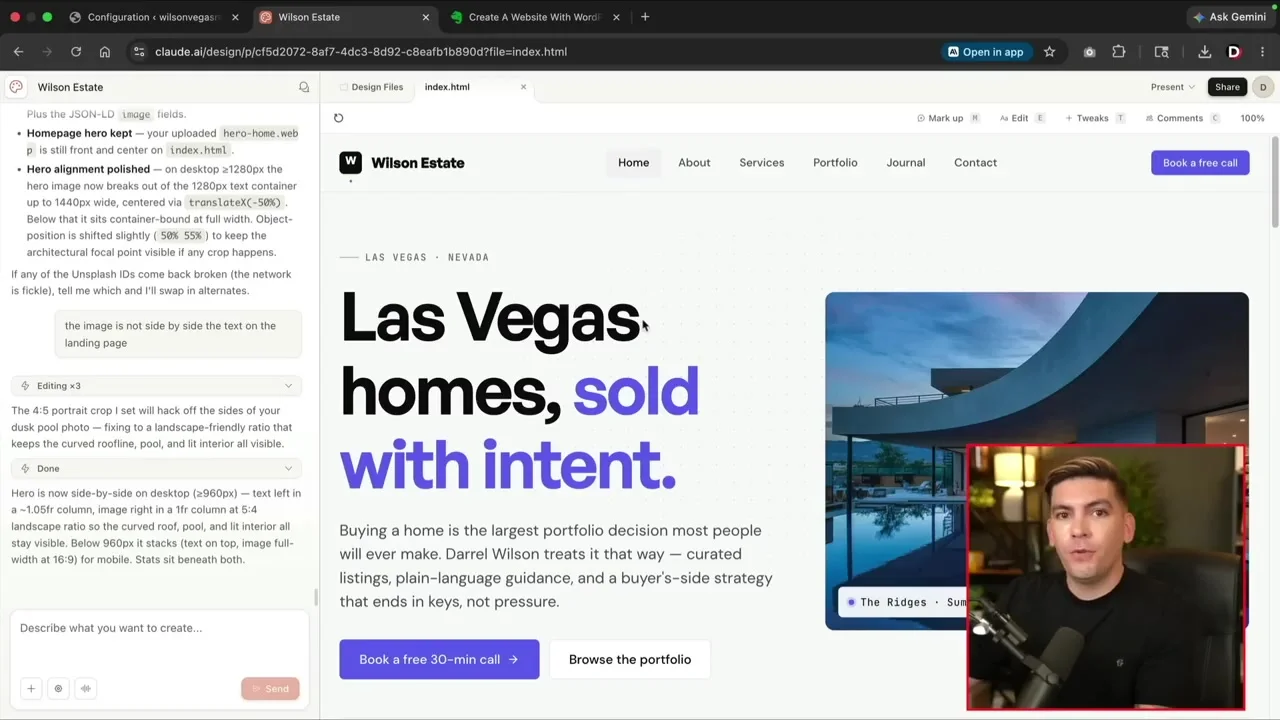 Claude Design real estate homepage with split hero and booking call to action