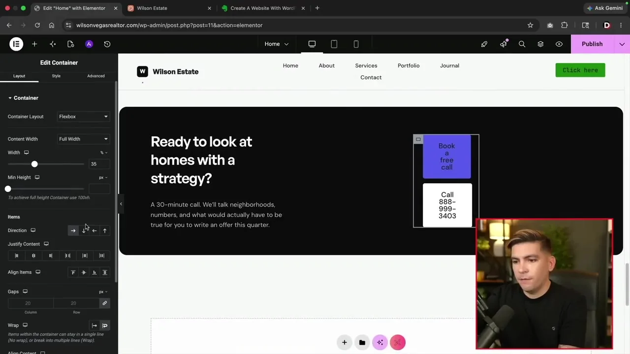 Elementor editor adjusting the layout of a dark call to action section