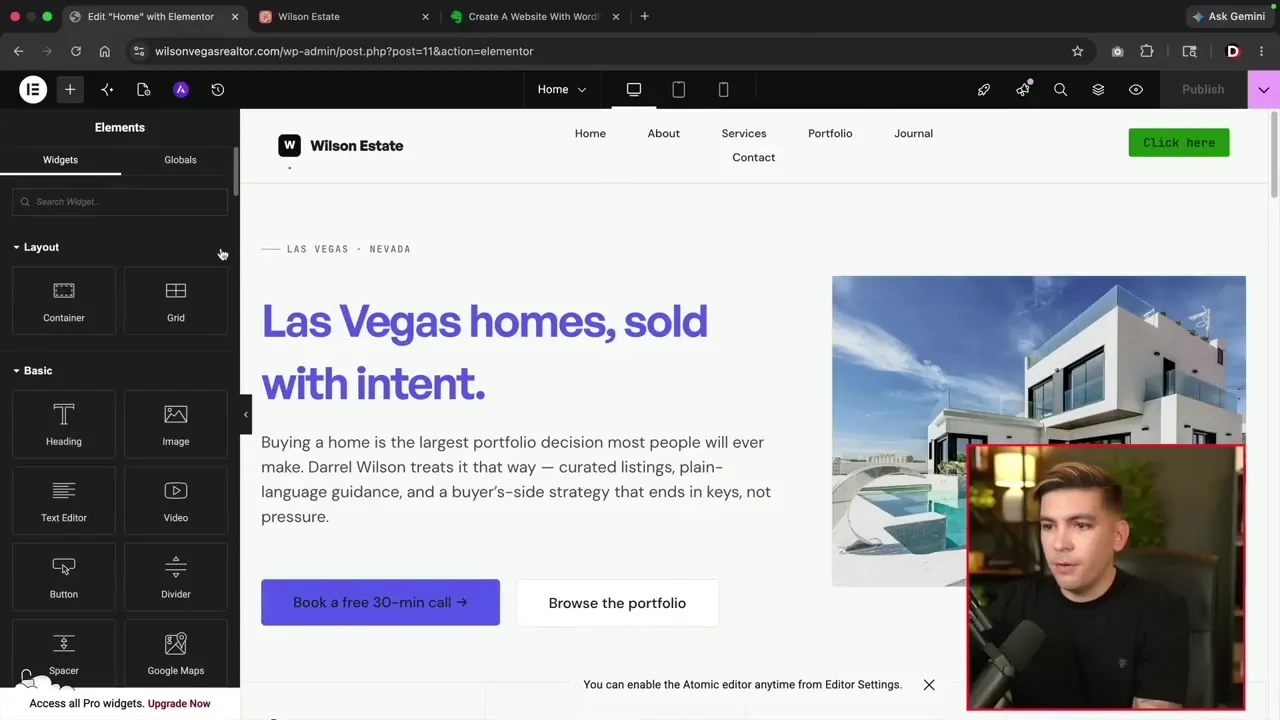 Elementor editor recreating the Claude real estate hero section