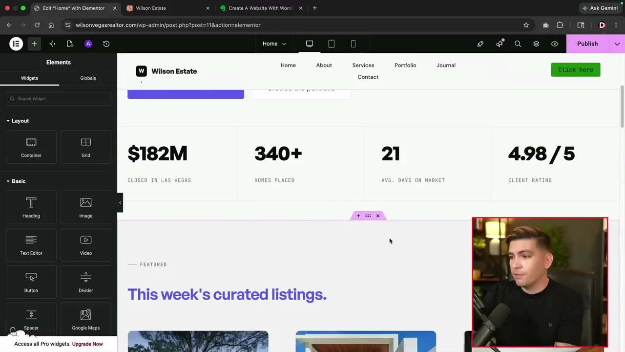 Elementor editor showing proof statistics and property listing sections