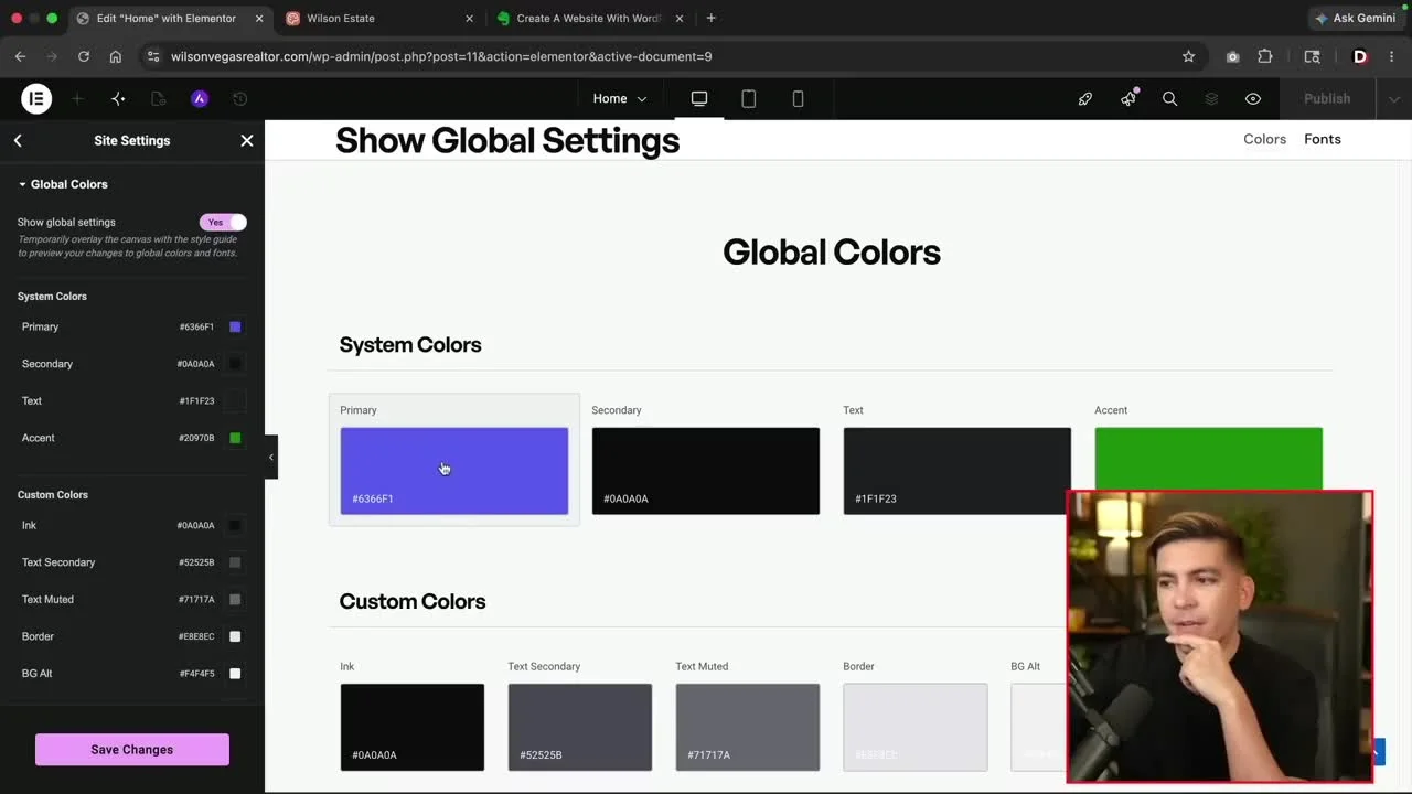 Elementor global color settings matching the Claude website design