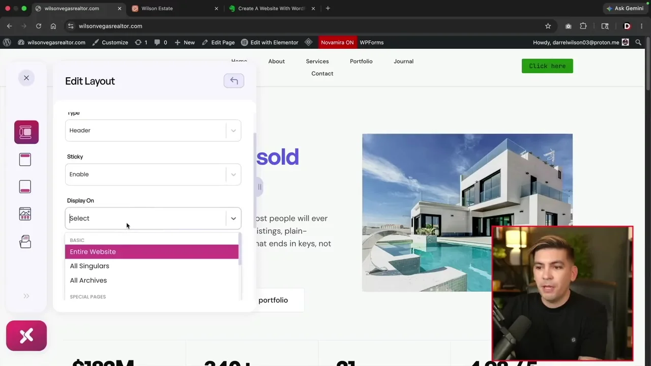 Elementor header and footer layout display rules for the entire website