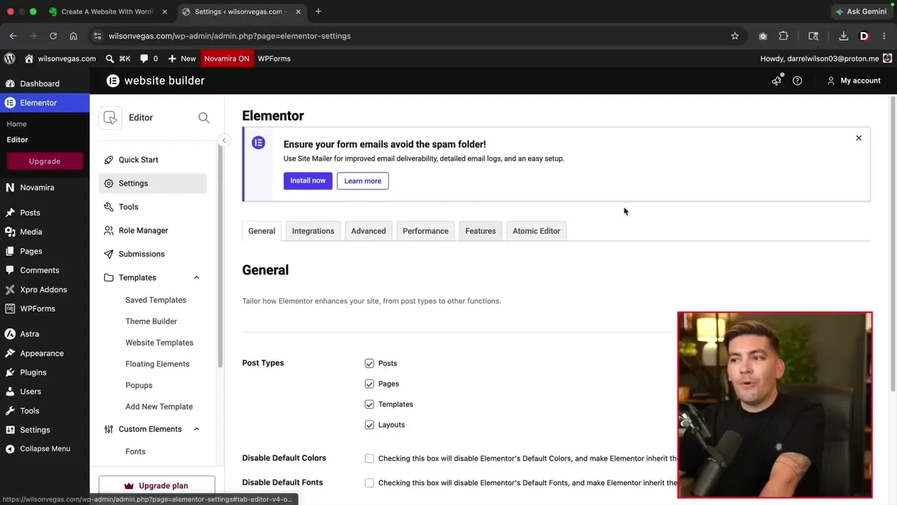 Elementor settings page inside the WordPress dashboard