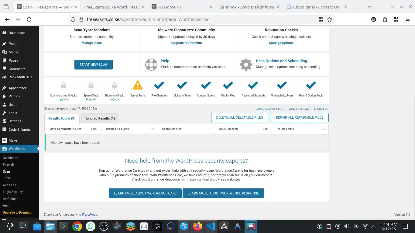 Wordfence Security scan complete for FreeExams.co.ke with zero results found
