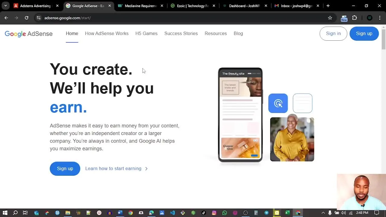 Google AdSense homepage used for comparison with Adsterra